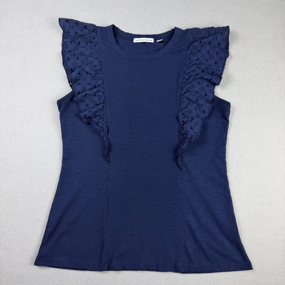 Notations Womens Medium Navy Blue Eyelet Ruffle Sleeve T Shirt Top Flutter